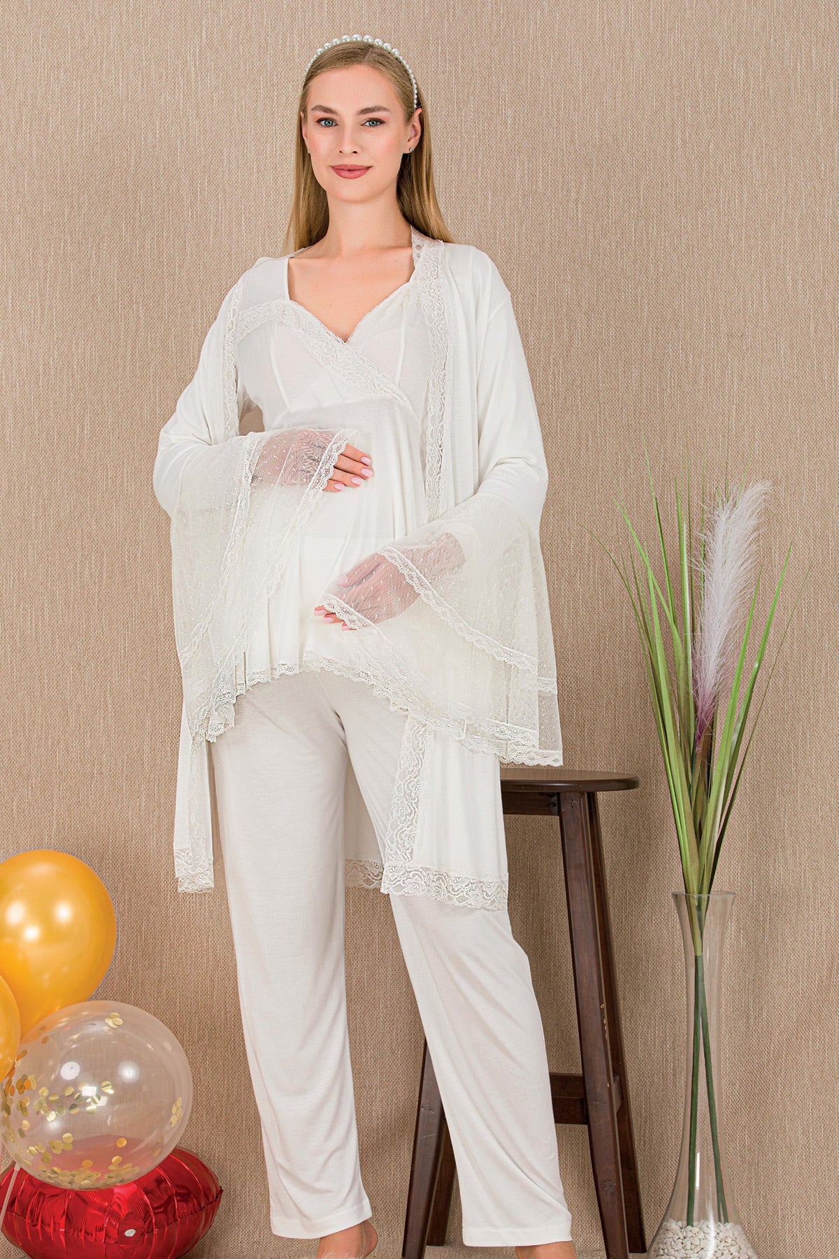 Lacy Double Breasted 3-Piece Maternity-Nursing Pajama & Flywheel Arm Robe Set Ecru - 33009