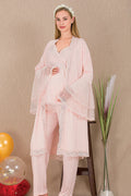 Lacy Double Breasted 3-Piece Maternity Feeding-Friendly Pajama & Flywheel Arm Robe Set Pink - Y33009