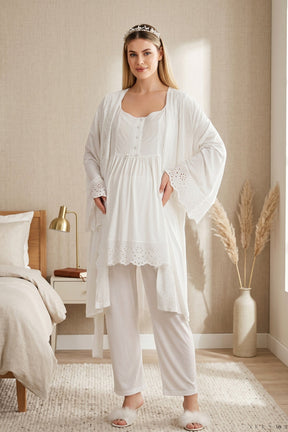 Embroidered 3-Piece Maternity-Nursing Pajama & Robe Set Ecru - 33011