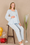 Lace Collar and Sleeve Maternity & Nursing Pajama Set Blue - 33205