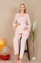 Lace Collar and Sleeve Maternity & Nursing Pajama Set Pink - 33205