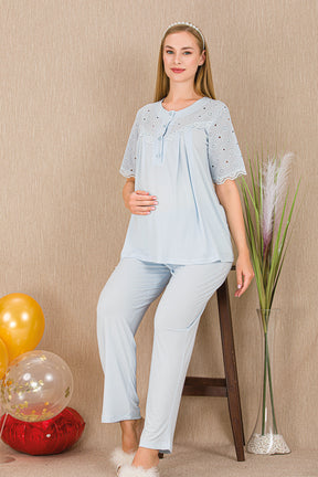Lace Collar Maternity & Nursing Pajama Set Blue - 33206