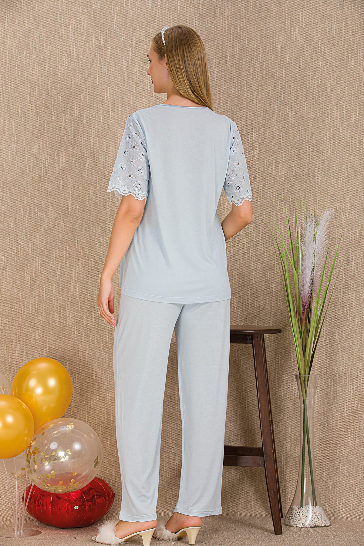 Lace Collar Maternity & Nursing Pajama Set Blue - 33206