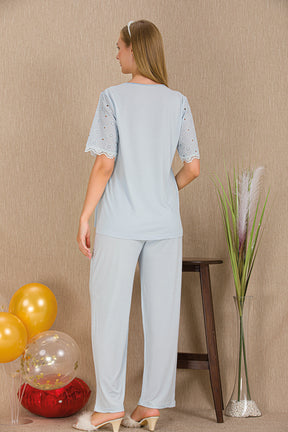 Lace Collar Maternity & Nursing Pajama Set Blue - 33206