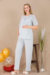 Lace Collar Maternity & Nursing Pajama Set Blue - 33206