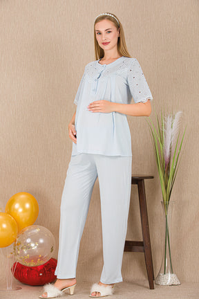 Lace Collar Maternity & Nursing Pajama Set Blue - 33206