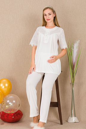 Lace Collar Maternity & Nursing Pajama Set Ecru - 33206