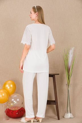 Lace Collar Maternity & Nursing Pajama Set Ecru - 33206