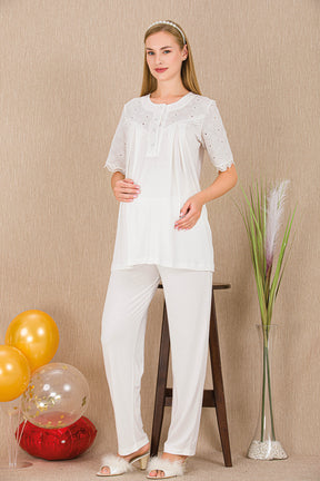 Lace Collar Maternity & Nursing Pajama Set Ecru - 33206