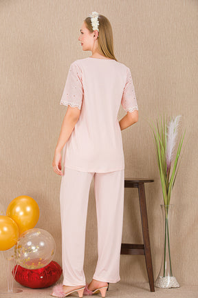 Lace Collar Maternity & Nursing Pajama Set Pink - 33206