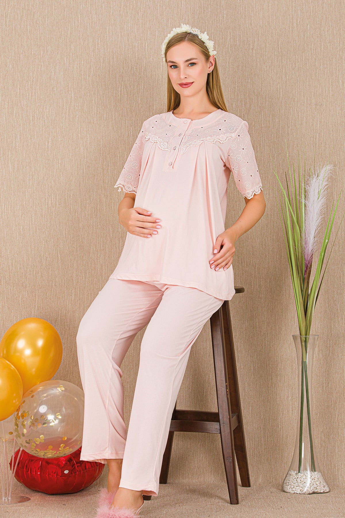 Lace Collar Maternity & Nursing Pajama Set Pink - 33206
