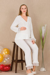 Lace Detailed Maternity & Nursing Pajama Set Ecru - 33208