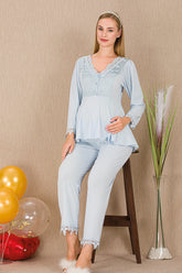 Lace Sleeve and Collar Maternity & Nursing Pajama Set Blue - 33211