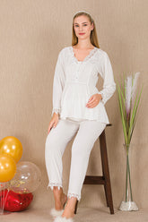Lace Sleeve and Collar Maternity & Nursing Pajama Set Ecru - 33211