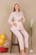 Lace Sleeve and Collar Maternity & Nursing Pajama Set Pink - 33211