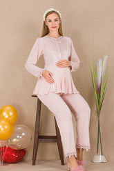 Lace Sleeve and Collar Maternity & Nursing Pajama Set Pink - 33211