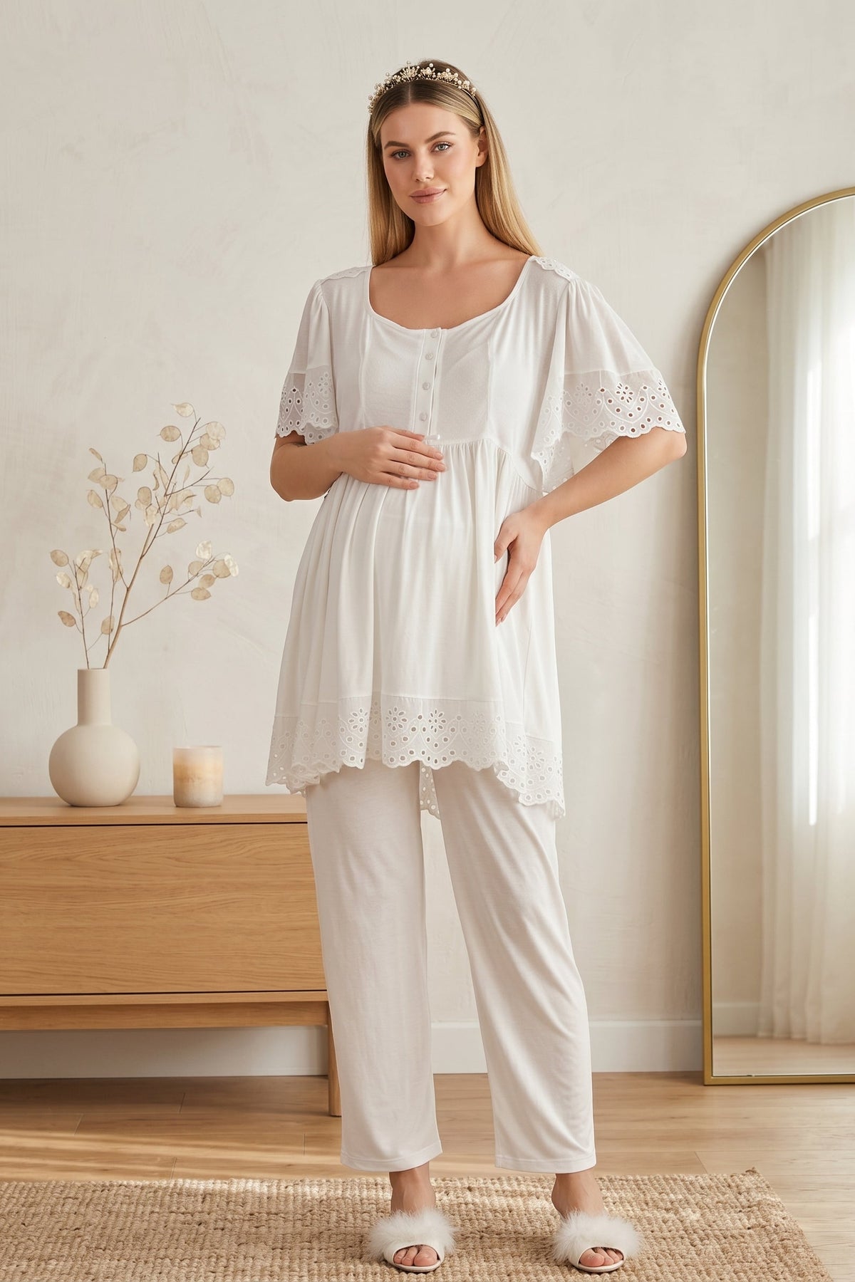 Embroidered Maternity & Nursing Pajama Set Ecru - 33214