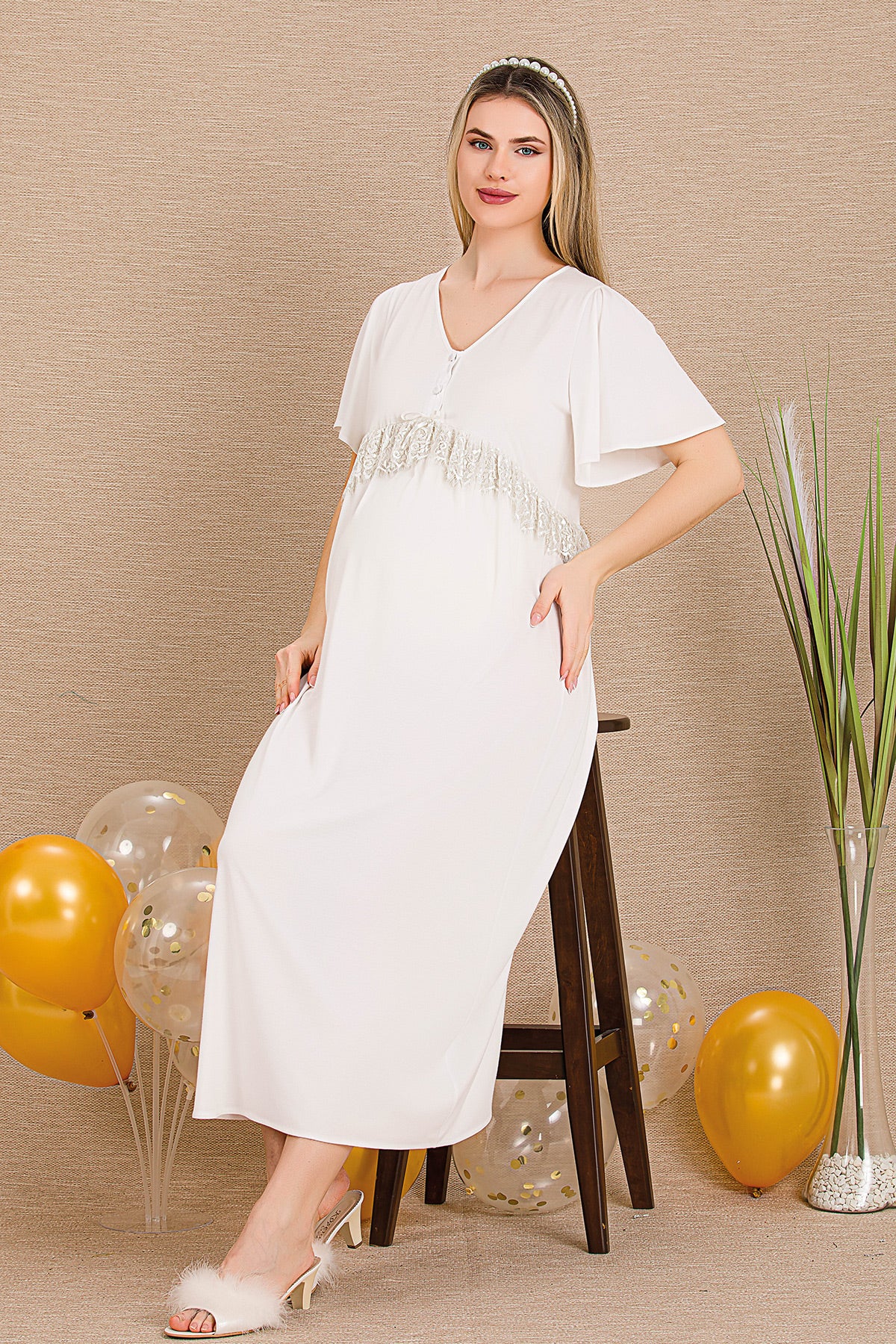 Lacy Panel Maternity & Nursing Nightgown Ecru - 33401