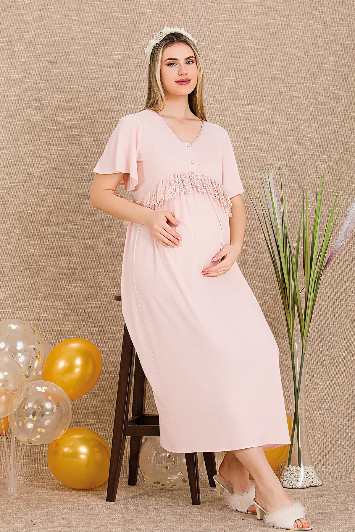 Lacy Panel Maternity & Nursing Nightgown Pink - 33401