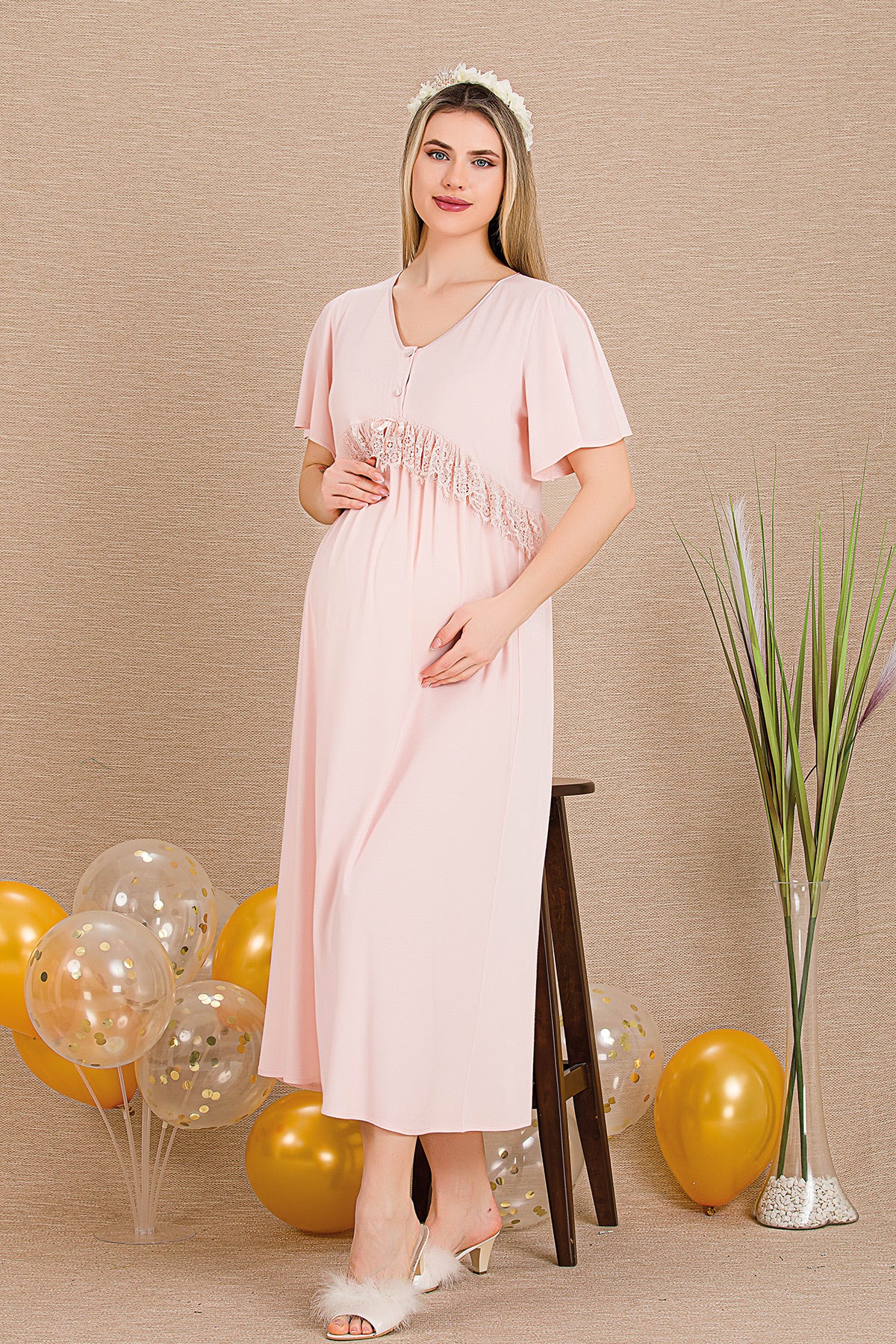 Lacy Panel Maternity & Nursing Nightgown Pink - 33401