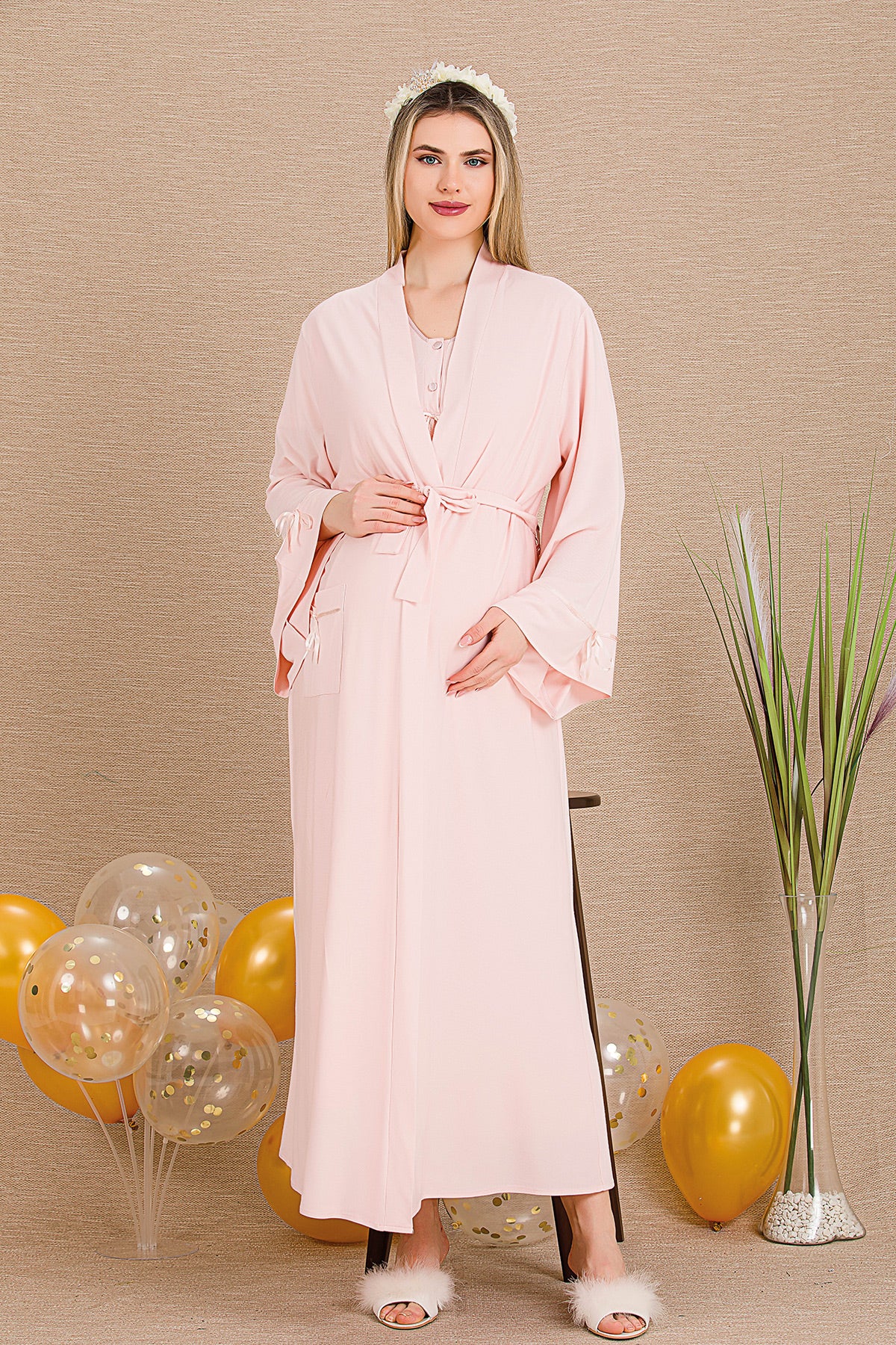 Lacy Panel Maternity-Nursing Nightgown & Robe Set Pink - 33500