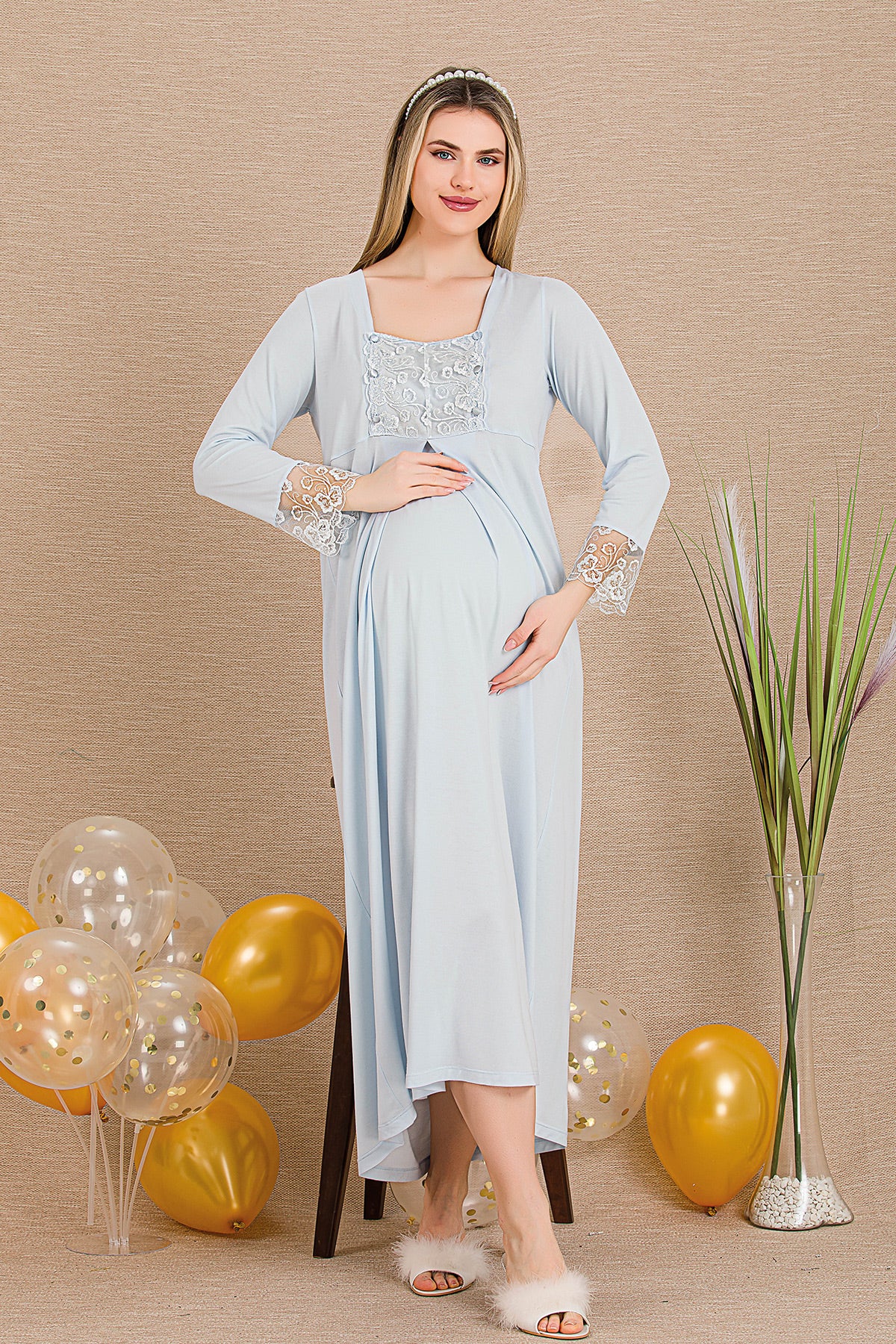 Elegant Lace Embroidered Maternity-Nursing Nightgown & Robe Set Blue - 33501