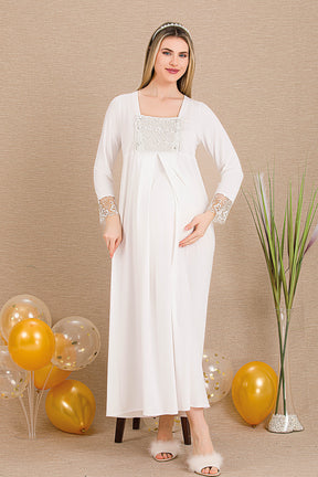 Elegant Lace Embroidered Maternity & Nursing Nightgown Ecru - 33402