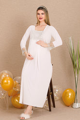 Elegant Lace Embroidered Maternity & Nursing Nightgown Ecru - 33402
