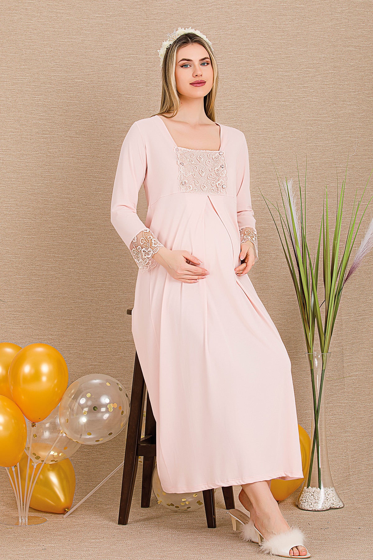 Elegant Lace Embroidered Maternity & Nursing Nightgown Pink - 33402