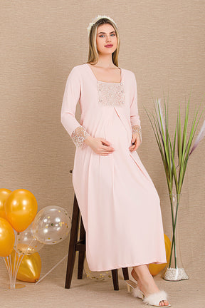 Elegant Lace Embroidered Maternity & Nursing Nightgown Pink - 33402
