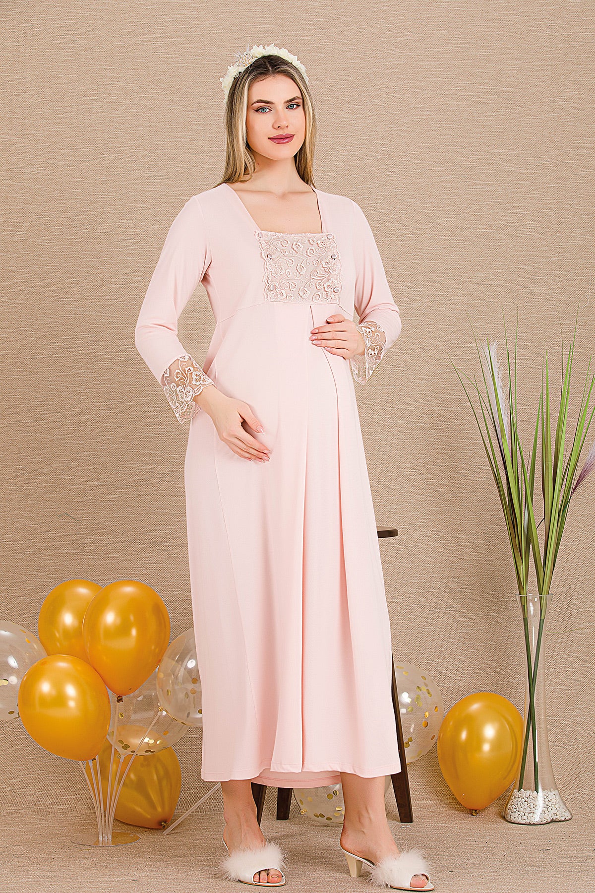 Elegant Lace Embroidered Maternity & Nursing Nightgown Pink - 33402