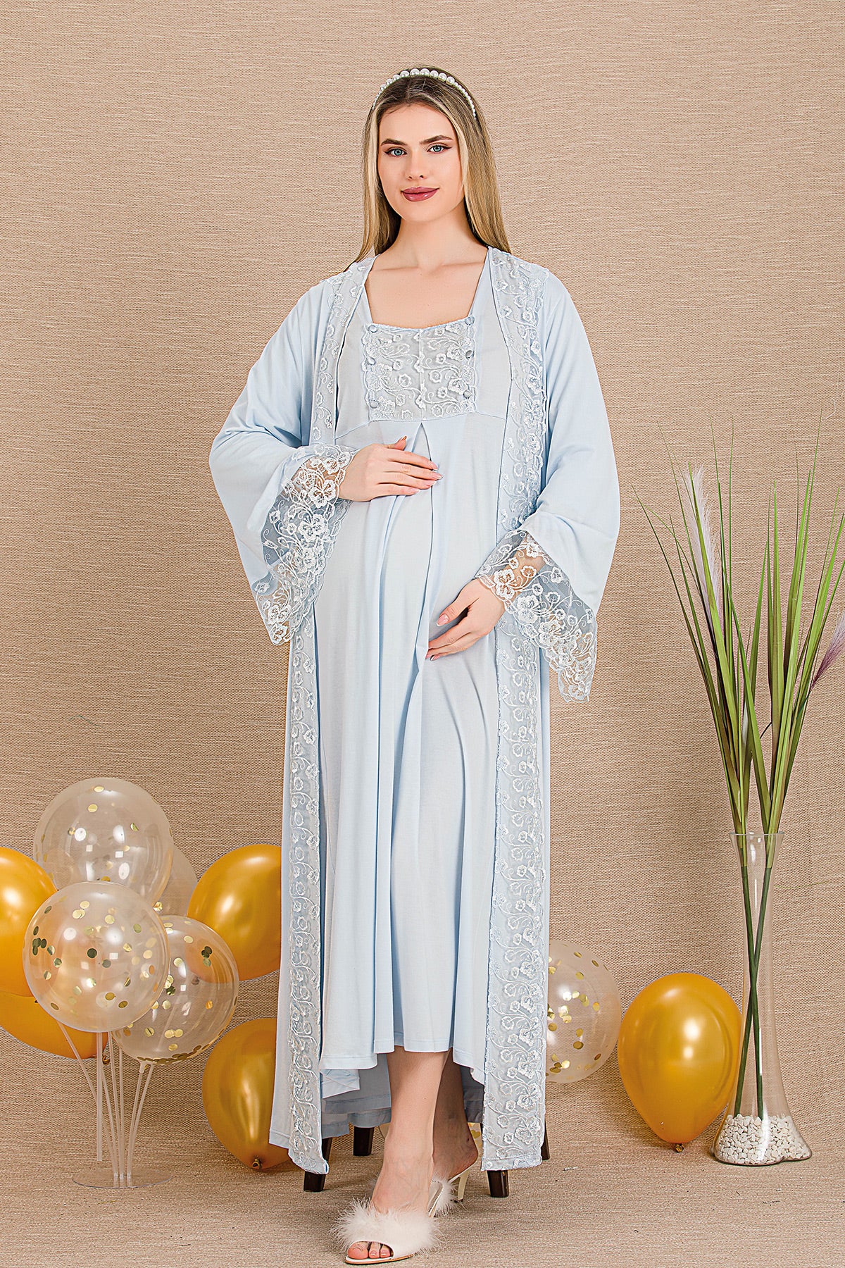 Elegant Lace Embroidered Maternity-Nursing Nightgown & Robe Set Blue - 33501