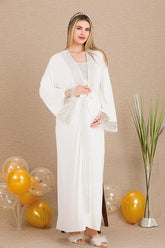 Elegant Lace Embroidered Maternity-Nursing Nightgown & Robe Set Ecru - 33501