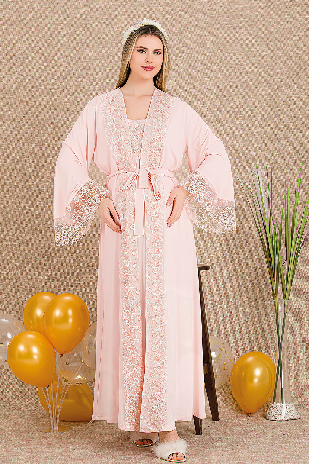 Elegant Lace Embroidered 4-Piece Maternity Feeding-Friendly Set Pink - Y501203