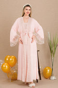 Elegant Lace Embroidered Maternity Feeding-Friendly Nightgown & Robe Set Pink - Y33501