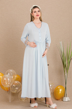 Lace Sleeve Maternity-Nursing Nightgown & Lace Detailed Robe Set Blue - 33503