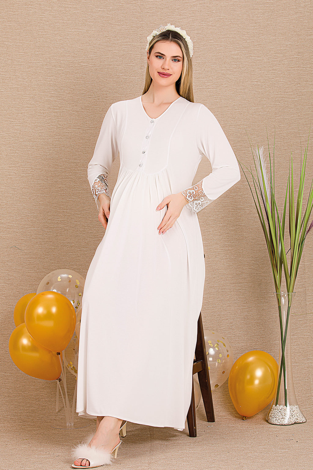Lace Sleeve and Lace Detailed 4-Piece Maternity-Nursing Set Ecru - 503204