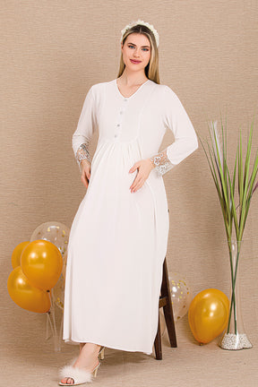 Lace Sleeve and Lace Detailed 4-Piece Maternity-Nursing Set Ecru - 503204