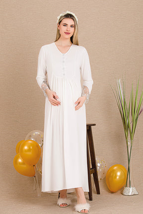Lace Sleeve Maternity-Nursing Nightgown & Lace Detailed Robe Set Ecru - 33503