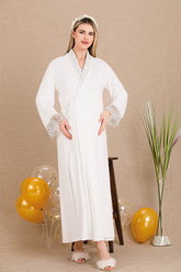 Lace Sleeve Maternity-Nursing Nightgown & Lace Detailed Robe Set Ecru - 33503