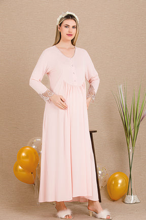 Lace Sleeve Maternity-Nursing Nightgown & Lace Detailed Robe Set Pink - 33503