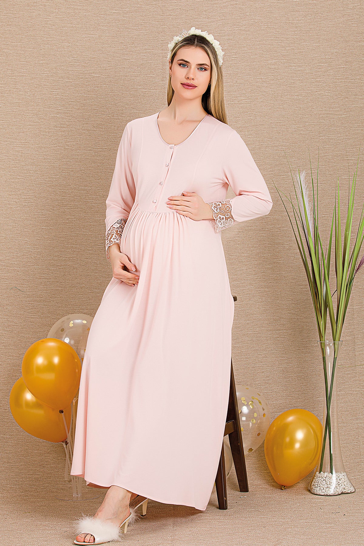 Lace Sleeve and Lace Detailed 4-Piece Maternity-Nursing Set Pink - 503204