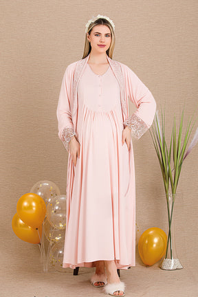 Lace Sleeve and Lace Detailed 4-Piece Maternity-Nursing Set Pink - 503204