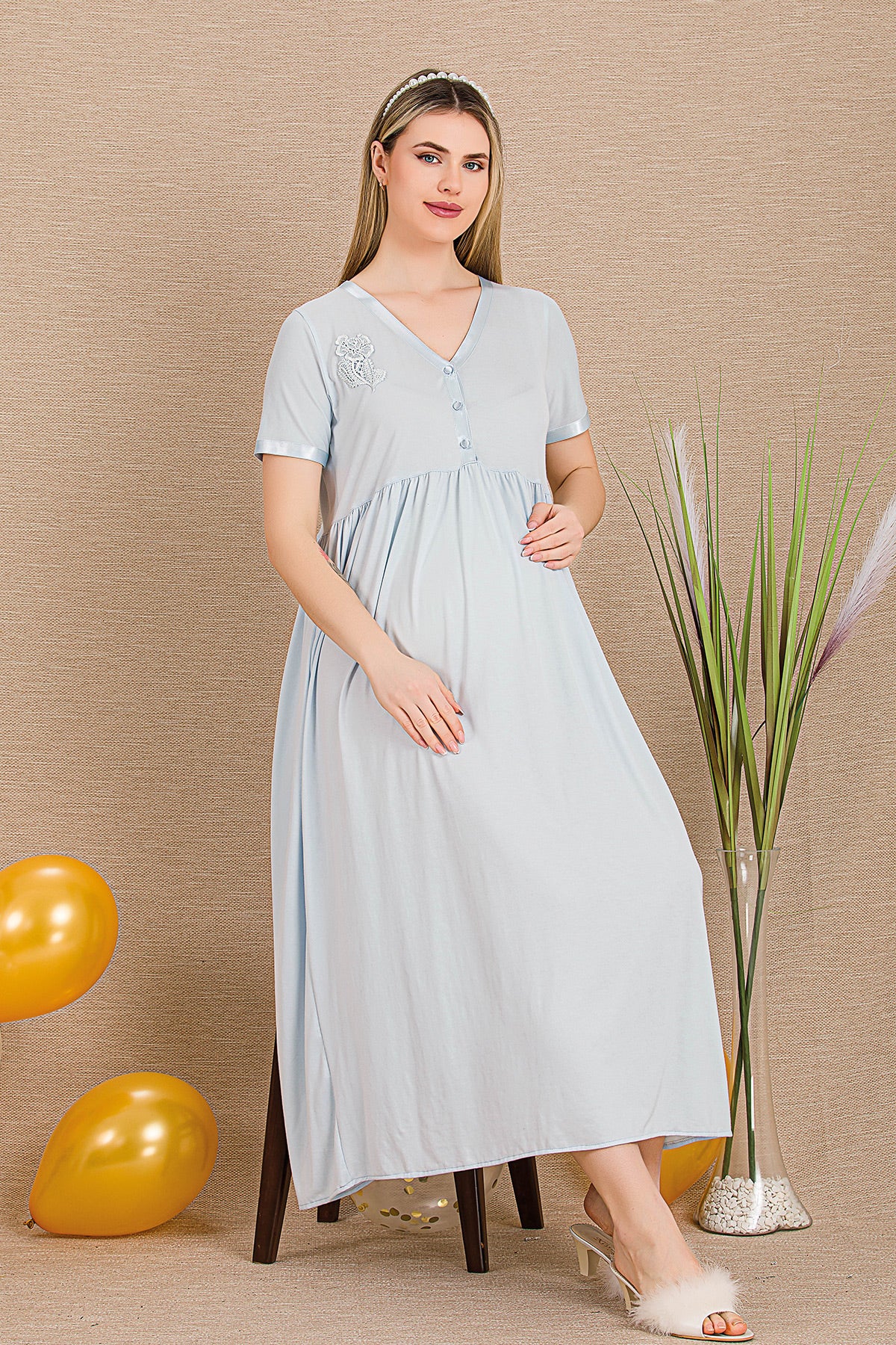 Embroidered Maternity & Nursing Nightgown Blue - 33400
