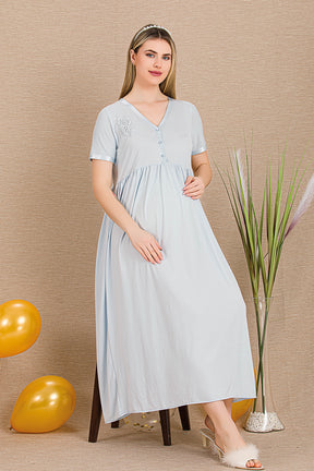 Embroidered Maternity & Nursing Nightgown Blue - 33400