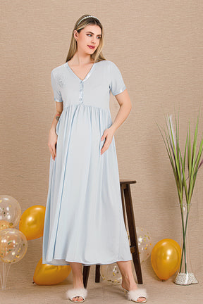 Embroidered Maternity & Nursing Nightgown Blue - 33400