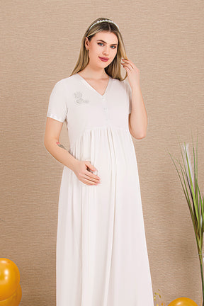Embroidered Maternity & Nursing Nightgown Ecru - 33400