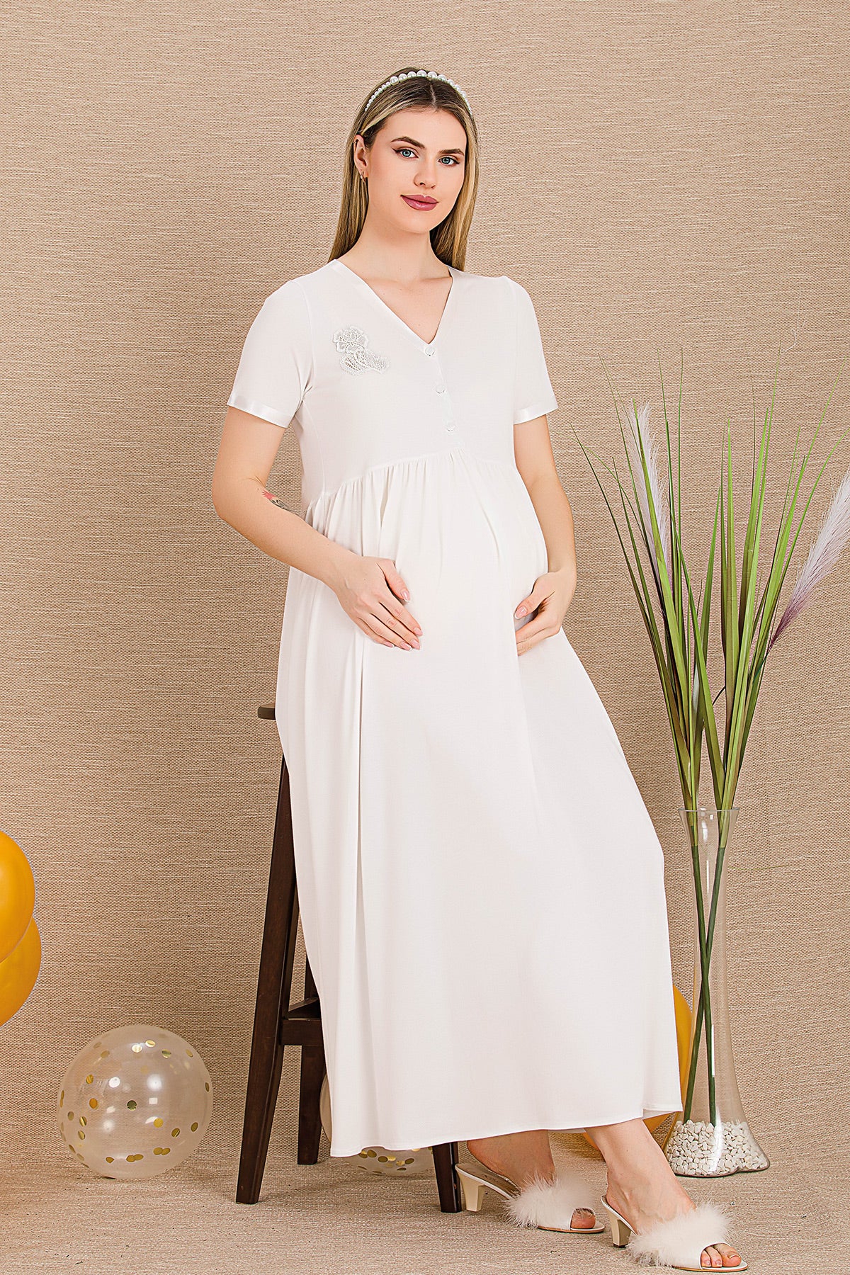 Embroidered Maternity & Nursing Nightgown Ecru - 33400