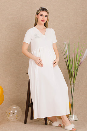 Embroidered Maternity & Nursing Nightgown Ecru - 33400