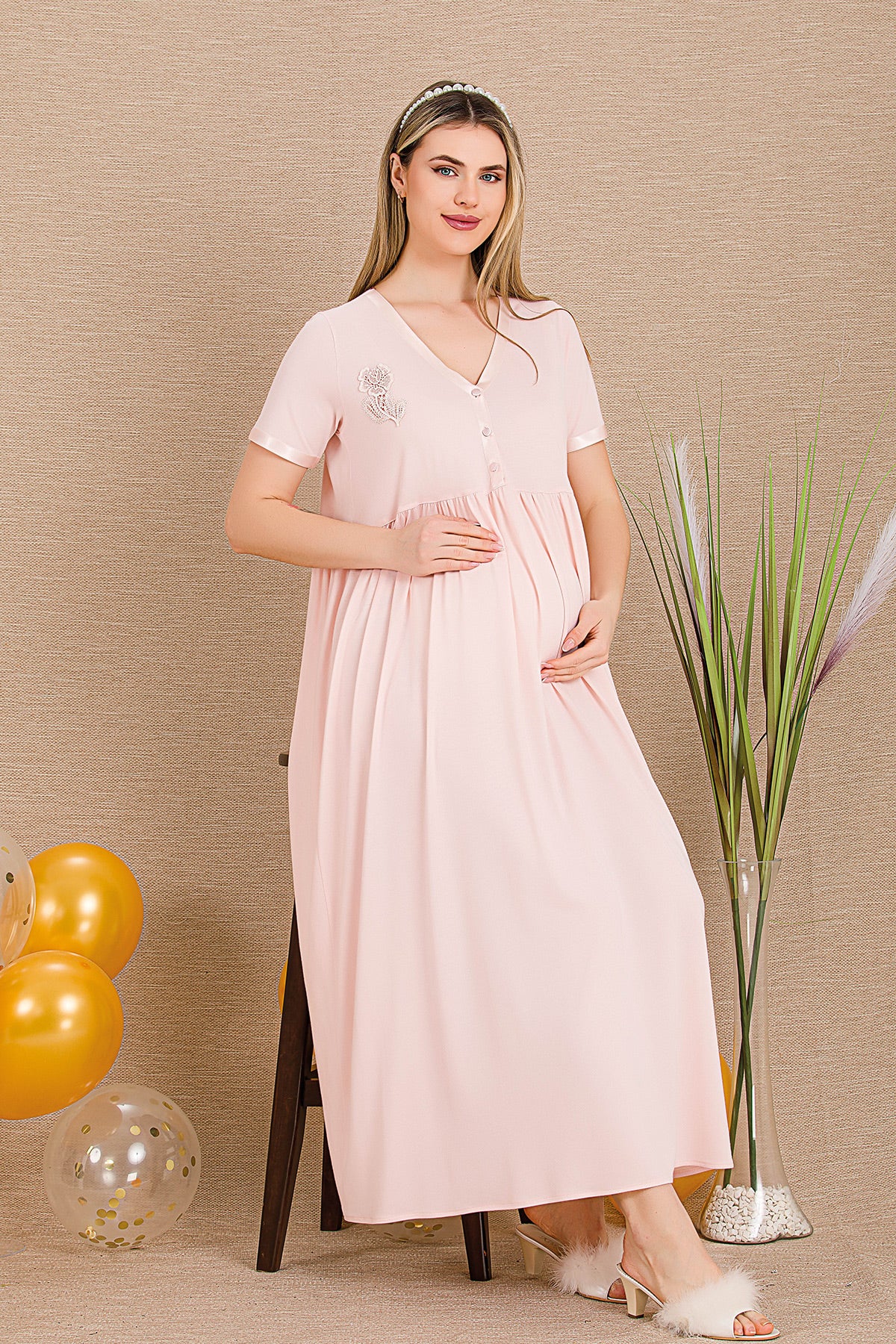 Embroidered Maternity Feeding-Friendly Nightgown Pink - Y33400